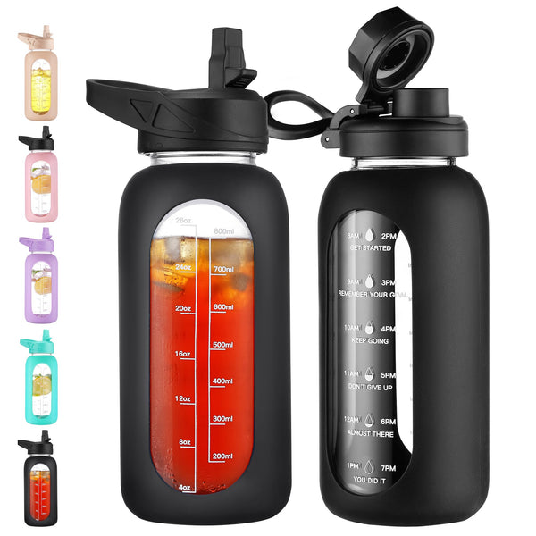 CIVAGO 32 oz Glass Water Bottle with Straw and Handle, Large Sports Motivational Water Bottle Flask with Time Marker and 2 Lids, Leakproof Water