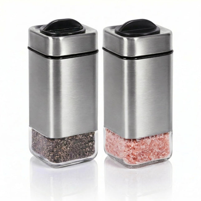 Salt and Pepper Shakers by Aelga, Glass Salt Shaker Set with Adjustable Pour Holes, Ideal for Black Pepper, Kosher and H