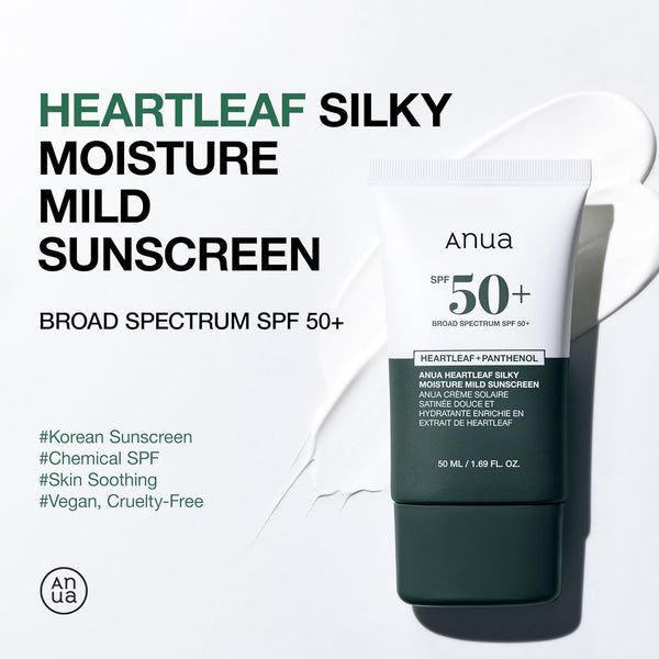 Anua Heartleaf Silky Moisture Mild Sunscreen, Broad Spectrum SPF 50+ with Moisturizing Formula, Lightweight Korean Sunscreen, Natural Finish,