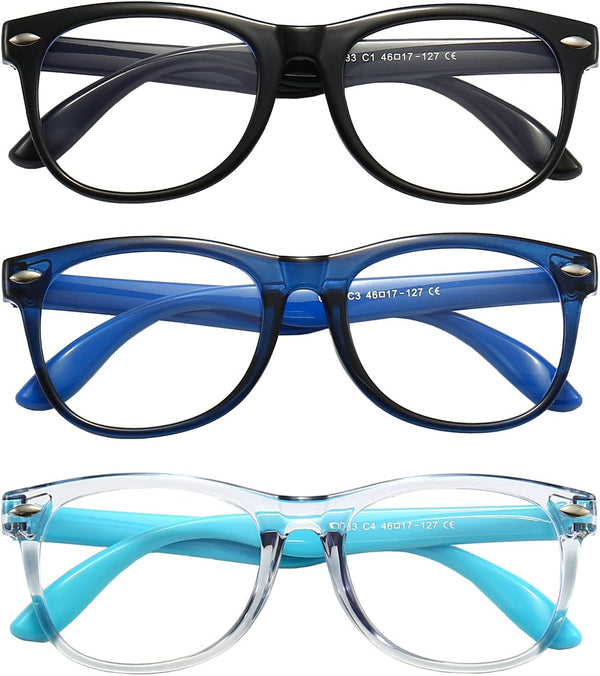 FANNYGO 3 Pack Kid Blue Light Glasses For Kids Girls Boys Computer Blue Light Kids Glasses Clear Glasses Age 3-9 (Black + Dark blue + Light blue)