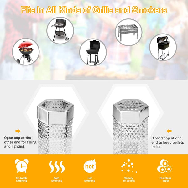 2 Pack 12'' Stainless Steel Pellet Smoker Tube, with Brush and Hooks | for 5 Hours Cold/Hot Smoking 2 Pack Smoker Tube
