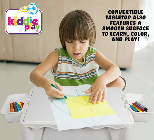 Kiddie Play Building Blocks Table for Kids 7 in 1 Activity Table Set for Toddler, with Chair & 2 Hanging Storage Boxes, Compatible with Building