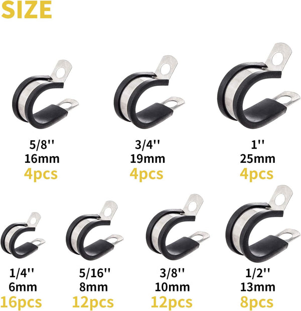 60pcs Wire Clamps Assortment Kit, Stainless Steel 304 Rubber Cushion Cable Clamps Assorted in 7 Sizes 1/4'' 5/16'' 3/8'' 1/2'' 5/8'' 3/4'' 1'',