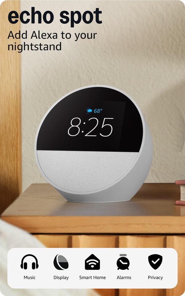 Amazon Echo Spot (newest model), Great for nightstands, offices and kitchens, Smart alarm clock, Designed for Alexa+, Glacier White Glacier White