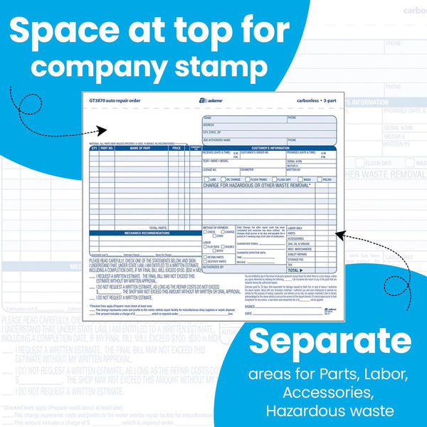 Adams Auto Repair Order Forms, 8.5 x 7.44 Inch, 3-Part, Carbonless, 50-Pack, White and Canary (GT3870) 50-Pack Repair Order Forms