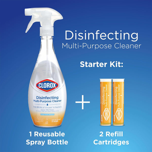 Clorox Disinfecting Multi-Purpose Cleaner Starter Kit, Household Essentials, One Reusable Spray Bottle Plus 2 Refills 2 Count (Pack of 1)