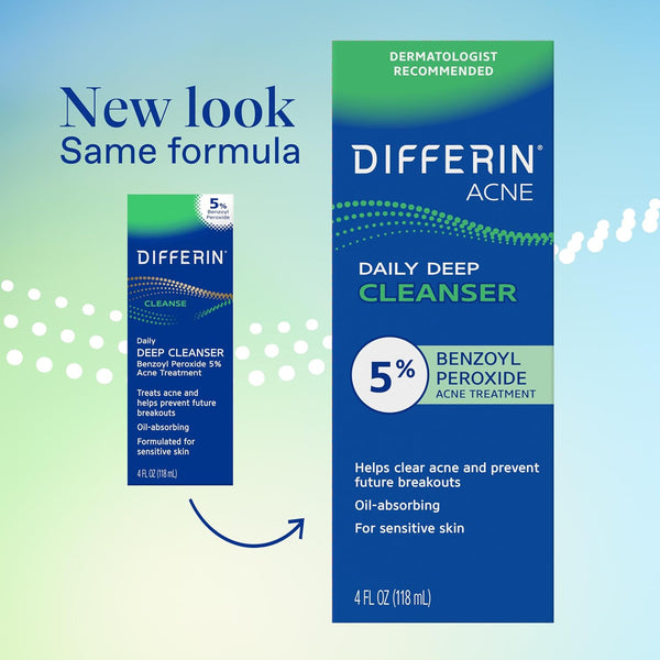 Differin Acne Face Wash, 5% Benzoyl Peroxide Daily Cleanser, 4oz | Gentle Acne Cleanser, Clears Breakouts, Sensitive Skin Safe, Benzoyl Peroxide