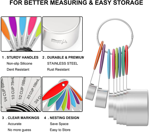 Measuring Cups and Spoons - Wildone Stainless Steel 20 Piece Stackable Set, Includes 8 Measuring Cups, 10 Measuring Spoons, 1 Leveler & 1 Whisk,