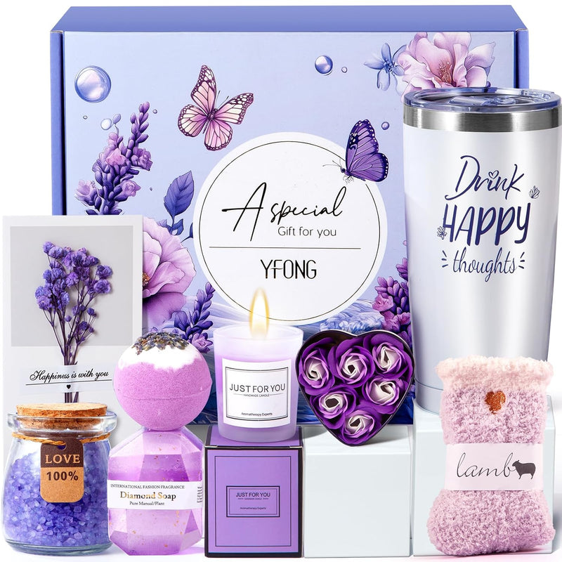 YFONG Spa Gifts for Women, Birthday Gifts for Women, Self Care Get Well Soon Gifts Basket for Mom, Wife, Girlfriend, Sister, Purple Gift Set for
