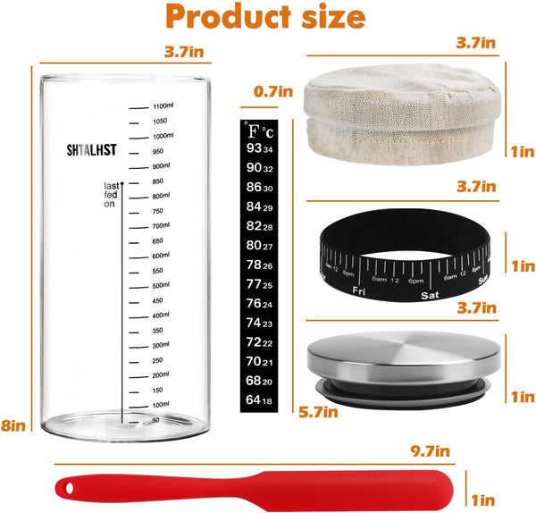 Sourdough Starter Kit-1100ml/39Oz, Sour Dough Starter Jar With Stainless Steel Lid, Thermometer, Silicone Scraper, Cloth Cover And Date Marked