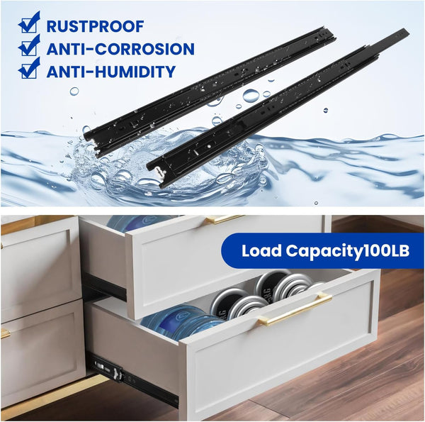 LONTAN 12 Inch Full Extension Ball Bearing Drawer Slides 2 Pairs Side Mount Cabinet Rails Tool Box Trash Can Glides Black Heavy Duty Kitchen