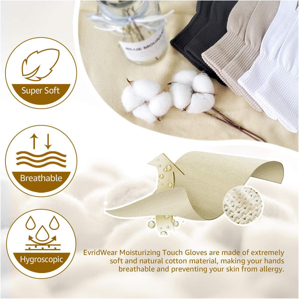 Evridwear Men Moisturizing Cotton Gloves with Touchscreen Fingertips for Eczema Beauty Cosmetic Dry Hands Sensitive Irritated Skin Therapy