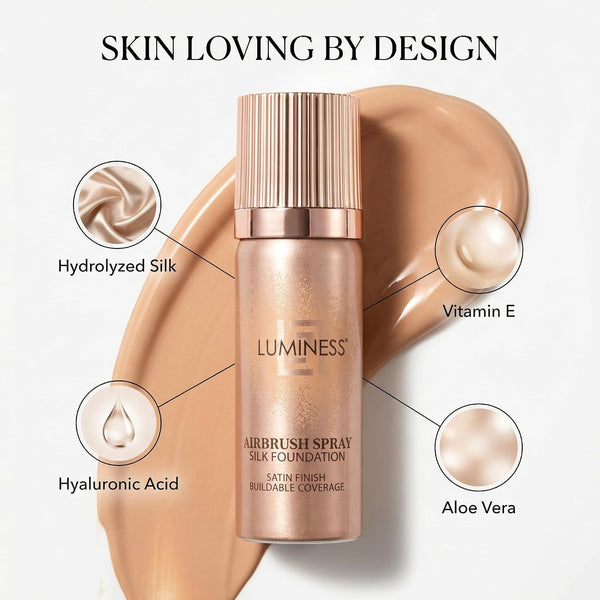 LUMINESS Silk Airbrush Spray Foundation & Buffing Brush Kit â€“ Full Coverage Foundation & Dual-Sided Buffing Brush - Buildable Coverage,