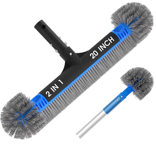 TidyMister 20" 2 in 1 Pool Brush Head for Cleaning Walls, Steps & Corners, Wavy Bristles Pool Scrub Brush with Round Ends, Fits 1-1/4" Standard