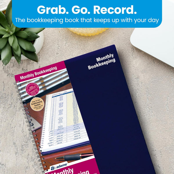 Adams Monthly Bookkeeping Record Book - 8.5" x 11" Spiral Bound 4 Column Ledger 128 Pages - Undated Accounting Ledger Book for Small Business,