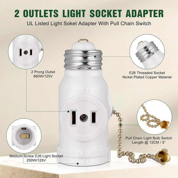 2-Pack E26 Light Socket Adapter - Converts Medium Screw Socket to Two Outlets With Pull Chain Switch - UL Listed, White
