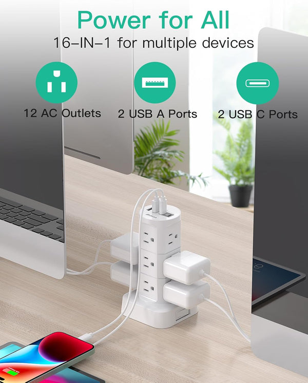 Power Strips with Surge Protection, Flat Plug Power Strip Tower White 6 FT