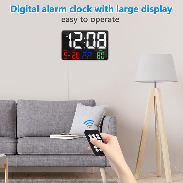 Digital Wall Clock,11.5" LED Digital Alarm Clock Large Display,With Remote Control,Adjustable Brightness, Calendar, Temperature, Snooze, 12/24 H,