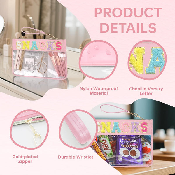 Clear Zipper Pouch for Travel Snacks Bag Nylon Clear Cosmetic Bag Makeup Travel Bag for Women with Glitter Patch Letters (Pink-Snacks) FS-SNACKS