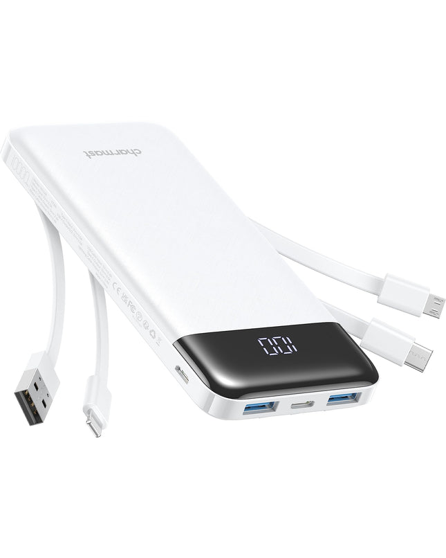 Portable Charger with Built in Cables, Portable Charger with Cords Wires Slim 10000Mah Travel Battery Pack 6 Outputs 3 I