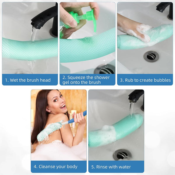 15.35" Back Bath Brush with Sponge,Back Scrubber Bath Mesh with Curved Long Handle Bath Body Brush for Elderly Aid Bathing and Shower Black+Pink