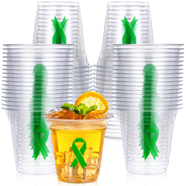 Baderke 50 Pcs Mental Health Awareness Green Ribbon Plastic Cups Bulk Disposable 12Oz Liver Cancer Awareness Plastic Cup