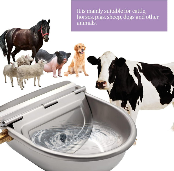 Automatic Dog Water Bowl Dispenser with Brass Float Valve and Drain Hole, 304 Stainless Steel Dog Water Dispenser Livestock Waterer for Dog