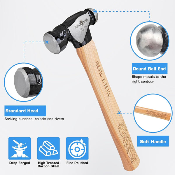 REAL STEEL Ball Peen Hammer with Genuine Hickory Wood Handle 16Oz/1 LB Forged Steel Head Ball Pein Hammer 0404 16 oz