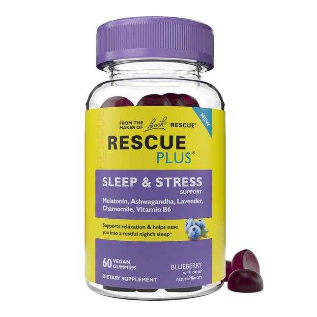 Bach RESCUE plus Sleep & Stress Support Gummies, Nighttime Dietary Supplement with 1Mg Melatonin, Ashwagandha, Chamomile