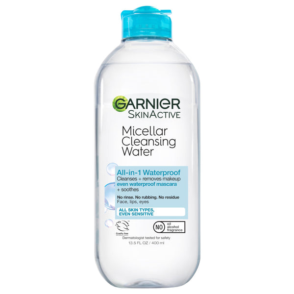 Garnier Micellar Water For Waterproof Makeup, Hydrating Facial Cleanser & Makeup Remover, Suitable for Sensitive Skin, Vegan, Cruelty Free, 13.5