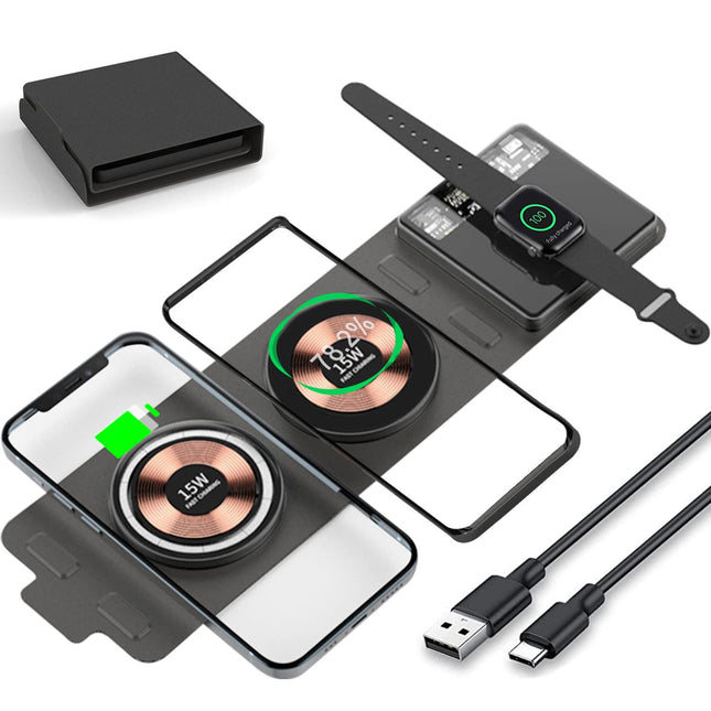 [Dual 15W] Foldable Fast Wireless Charger, 3 in 1 Travel Magnetic Wireless Charger, Wireless Charging Pad Compatible wit