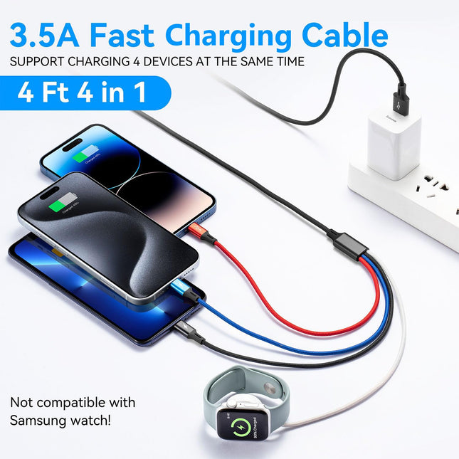 Travel 4 in 1 Multi Charging Cable for Apple Watch, Magnetic Wireless Charger, Braided USB C/Lightning/Micro Port for Iw