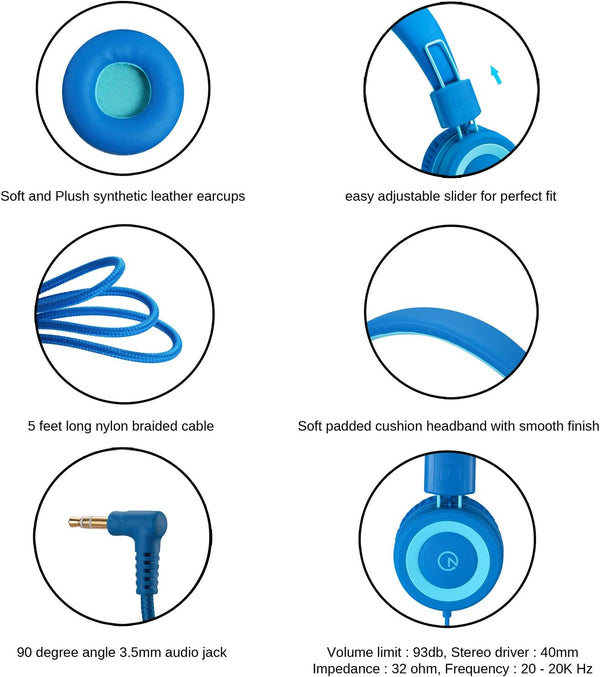 noot products K11 Kids Headphones Wired 3.5mm Jack Tangle-Free Skyline Blue