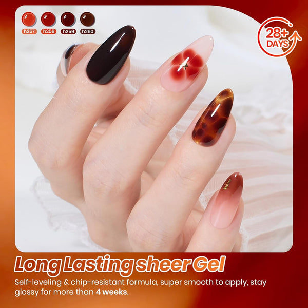 Beetles Jelly Tortoise Fall Nail Gel Polish Set 6 Transparent Fall Colors | Brown Amber Orange Carame Dark Red Pumpkin Gel Nail Polish Soak Off UV