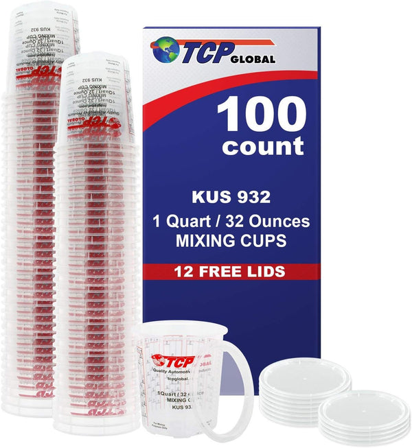 Custom Shop/TCP Global Full Case of 100 Quart (32oz) Paint Mixing Cups with 50 Lids - Cups are Calibrated with Multiple Mixing Ratios (1-1) (2-1)