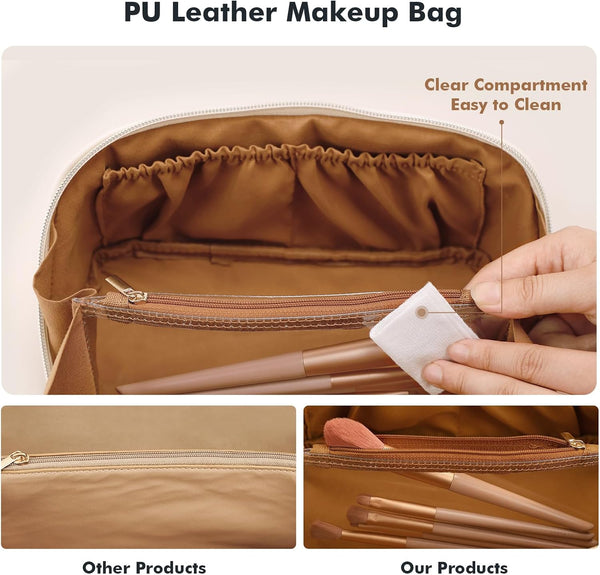 Prite Makeup Bag Travel Toiletry Bag Open Flat Cosmetic Organizer for Women New Brown Medium
