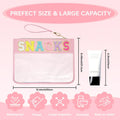 Clear Zipper Pouch for Travel Snacks Bag Nylon Clear Cosmetic Bag Makeup Travel Bag for Women with Glitter Patch Letters (Pink-Snacks) FS-SNACKS