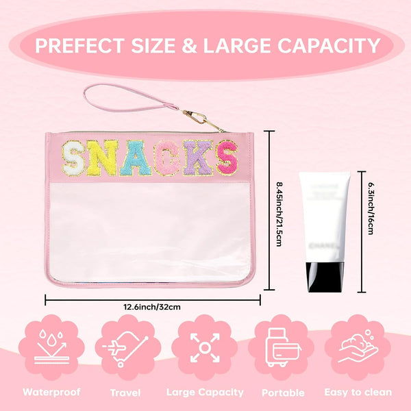 Clear Zipper Pouch for Travel Snacks Bag Nylon Clear Cosmetic Bag Makeup Travel Bag for Women with Glitter Patch Letters (Pink-Snacks) FS-SNACKS