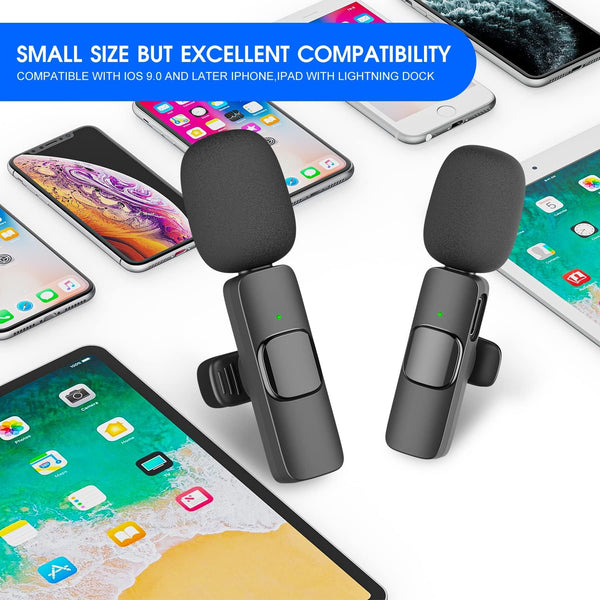 2 Pack Wireless Lavalier Microphone for iPhone iPad, Lapel Mics Plug-Play 2.4G Ultra-Low Delay Built-in Noise Reduction Chip 8H Working Time for