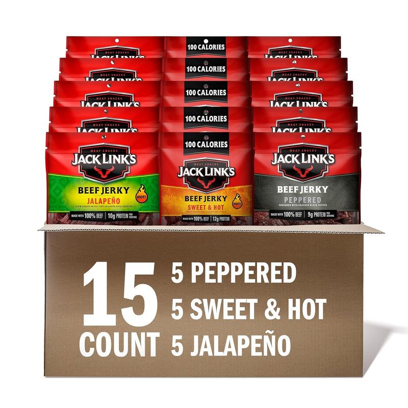 Jack Link's Bold Beef Jerky Variety Pack - Sweet & Hot, Jalapeño & Peppered - (15 Pack) 1.25 oz Bags - Ready to Eat Real Meat Protein Snacks -