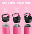 24 Oz Insulated Water Bottle for Sports: 3 Lids, Leakproof, Keep Cold 24H, Car Cupholder Friendly, Stainless Steel Water Flask with Straw and