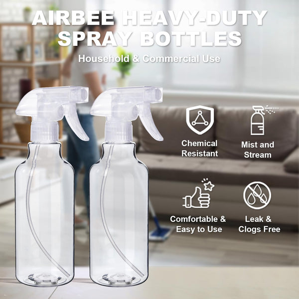 Plastic Spray Bottles (2-Pack, 16.9 Oz) Heavy Duty Spraying, Mist & Stream Clear, 2-Pack