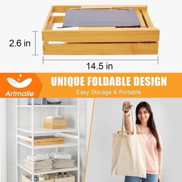 Artmalle Luxury Bathtub Caddy Tray for Tub - Foldable Bamboo Bath Table Tray with Book and Wine Glass Holder, Expandable Bathroom Accessories for
