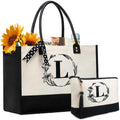 BeeGreen Embroidery Monogram Initial Tote Bag for Women Teacher Mom Friend Personalized Gift for Birthday Beach Work Wedding White Lily L