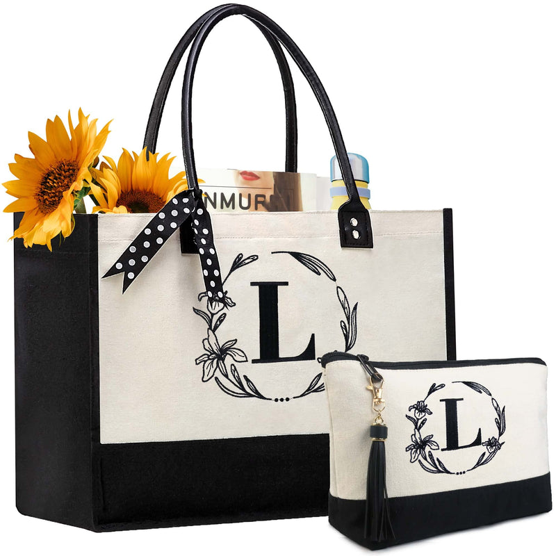 BeeGreen Embroidery Monogram Initial Tote Bag for Women Teacher Mom Friend Personalized Gift for Birthday Beach Work Wedding White Lily L