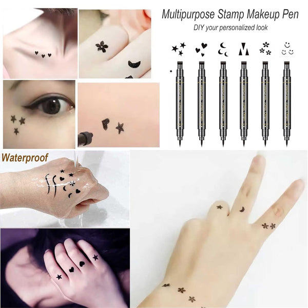 6 Pcs Double-Headed Eyeliner Stamps Set Black Liquid Eye Liner Pen with Star,Moon,Heart,Flower,Smiley,Triangle Stamp Stencils Shapes for Women