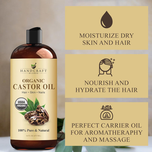 Handcraft Blends Organic Castor Oil - 16 Fl Oz - 100% Pure and Natural - Premium Grade Carrier Oil for Hair Growth, Eyelashes and Eyebrows - Hair