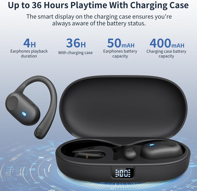 Open Ear Headphones, Bluetooth Headphones 5.3 Sports with Smart Digital Display, 36H Playtime, IP54 Waterproof, Wireless