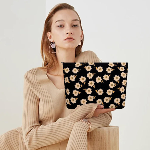Cosmetic bag Makeup bag Preppy Cute Corduroy Toiletry bag for women travel essentials (Flower black)