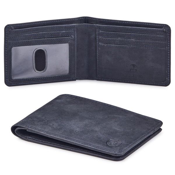 Wallet for Men Bifold Real Leather RFID Blocking Front Pocket Ultra Slim & Thin Stylish Minimalist with ID Window in Gift Box (Crazy Horse, Navy)
